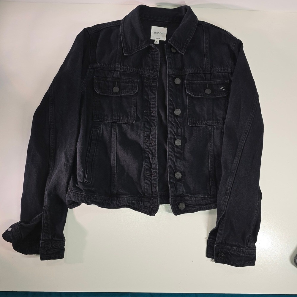 Hidden Jeans Black Cropped Denim Trucker Jacket Women's M Button Front‎